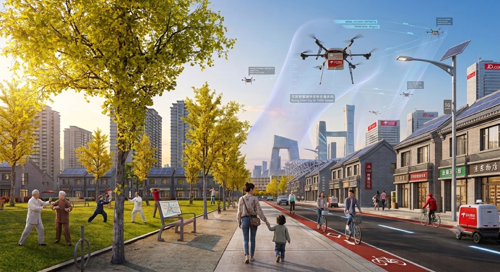 JD.com drone delivery in a dense city.