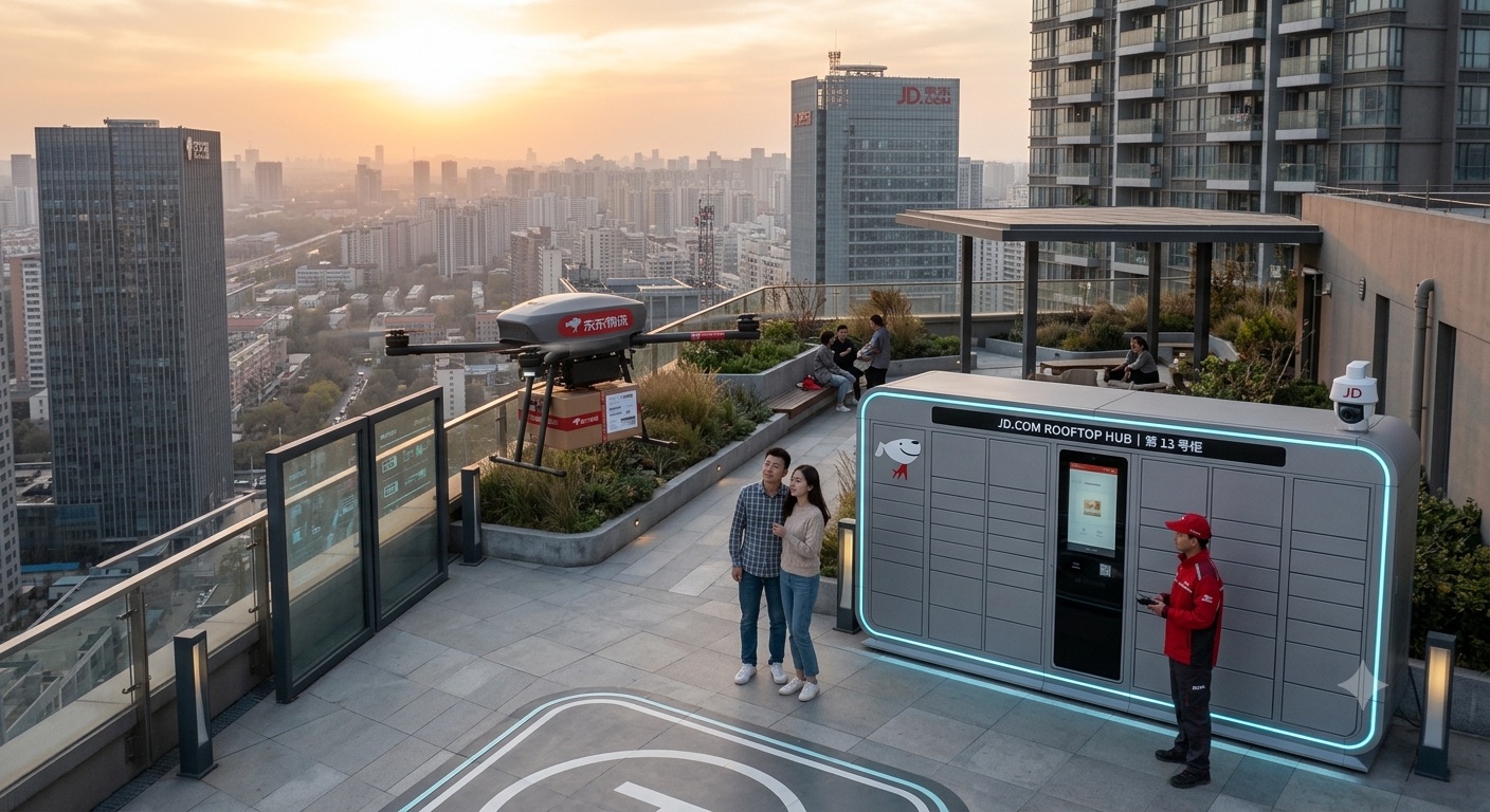 A JD.com drone landing at a rooftop terminal where residents collect parcels.
