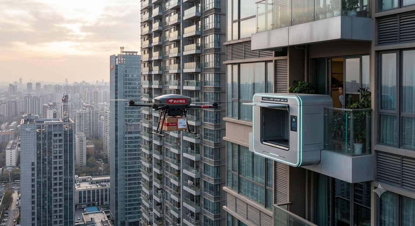 A JD.com drone delivering to a wall-mounted receiving unit on an apartment balcony.