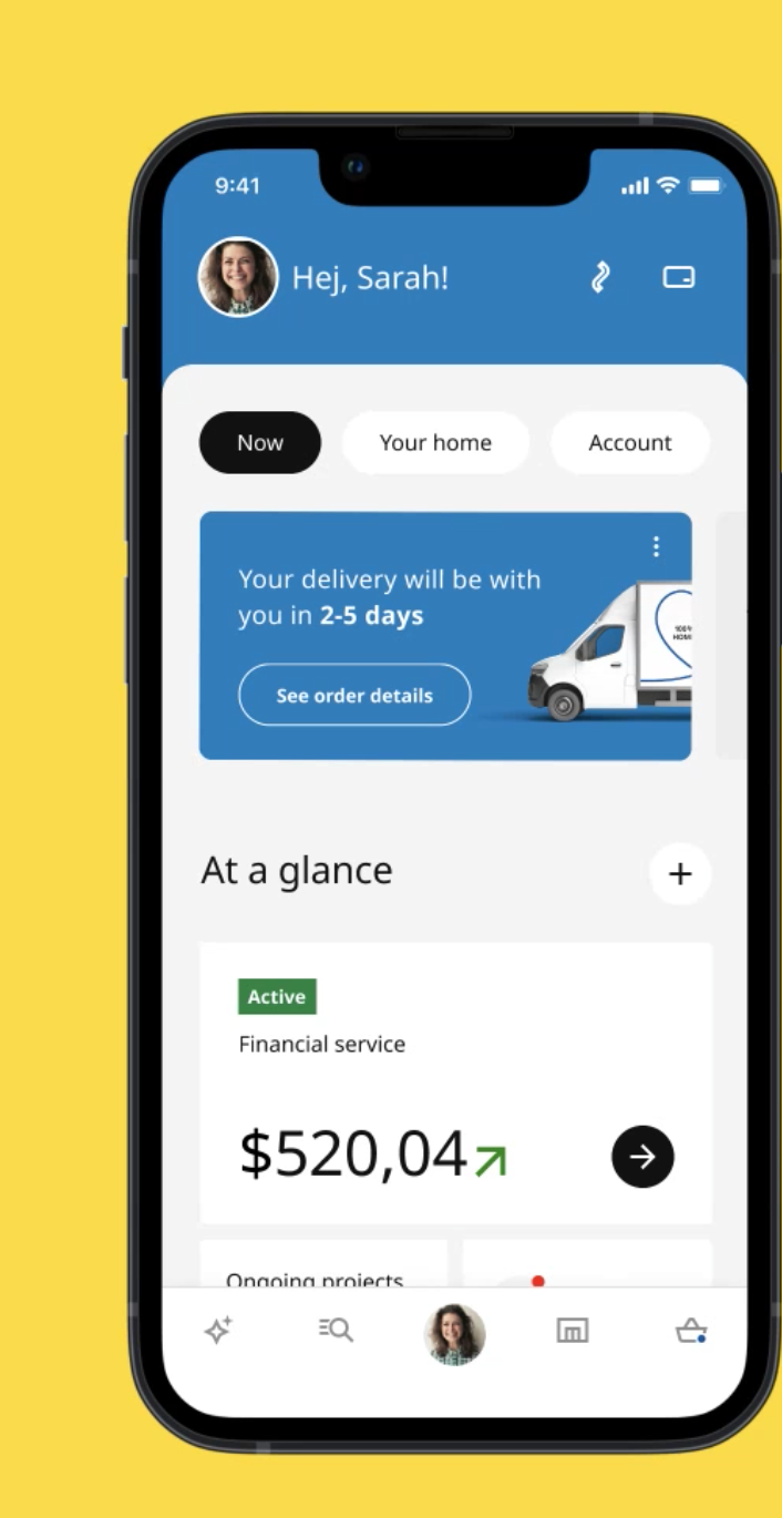 App view: home services at a glance, with a delivery on its way and an active financial service.