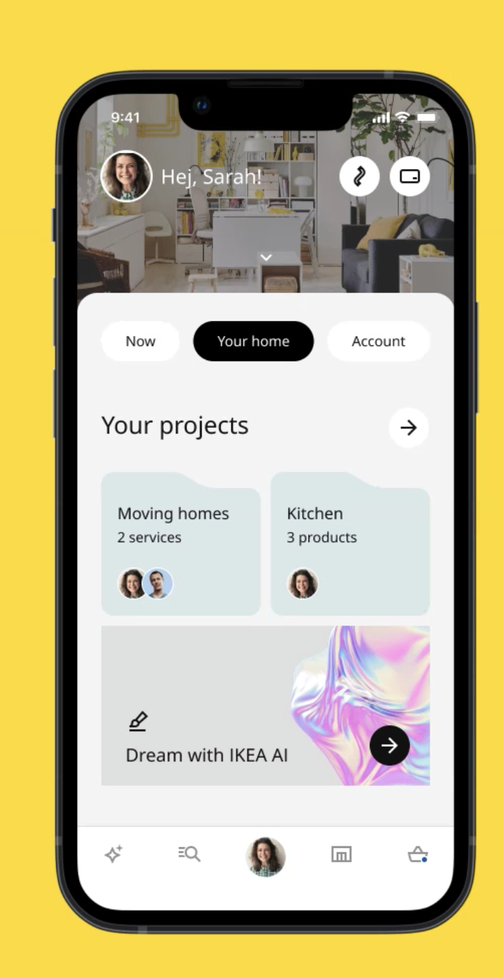 App view: your home projects, with moving and kitchen projects and Dream with IKEA AI.