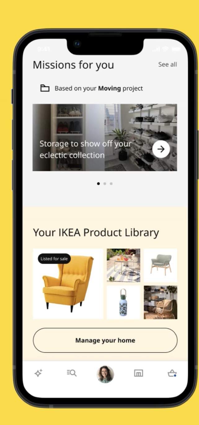 App view: missions for you, based on your moving project, above your IKEA product library.