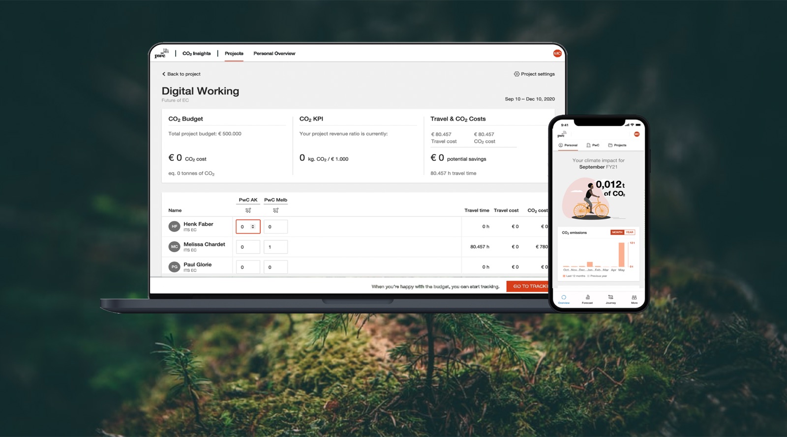 The finished Environmental Footprint Insights tool: a project CO2 dashboard on desktop and a personal climate-impact view on mobile.