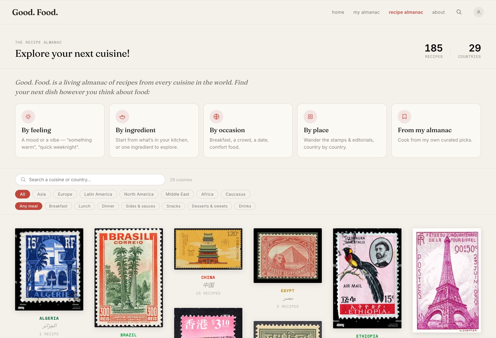 Good Food explore page โ five 'ways in' doorways above a grid of country postage stamps.