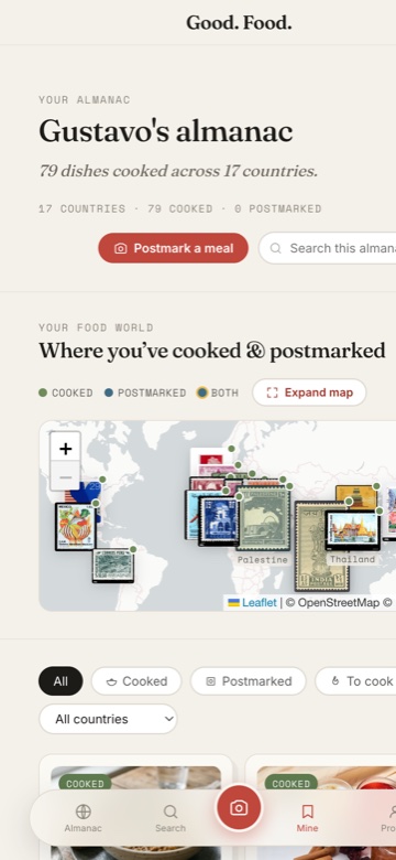 Good Food on mobile โ the personal almanac with the stamp map and a bottom tab bar.