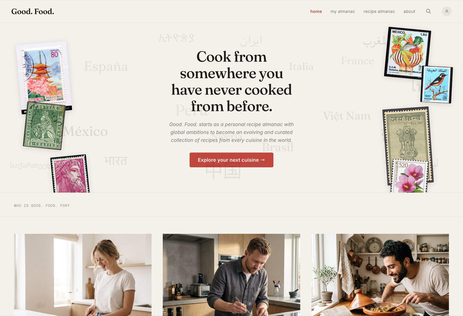 Good Food home page โ the headline 'Cook from somewhere you have never cooked from before', framed by floating postage stamps.