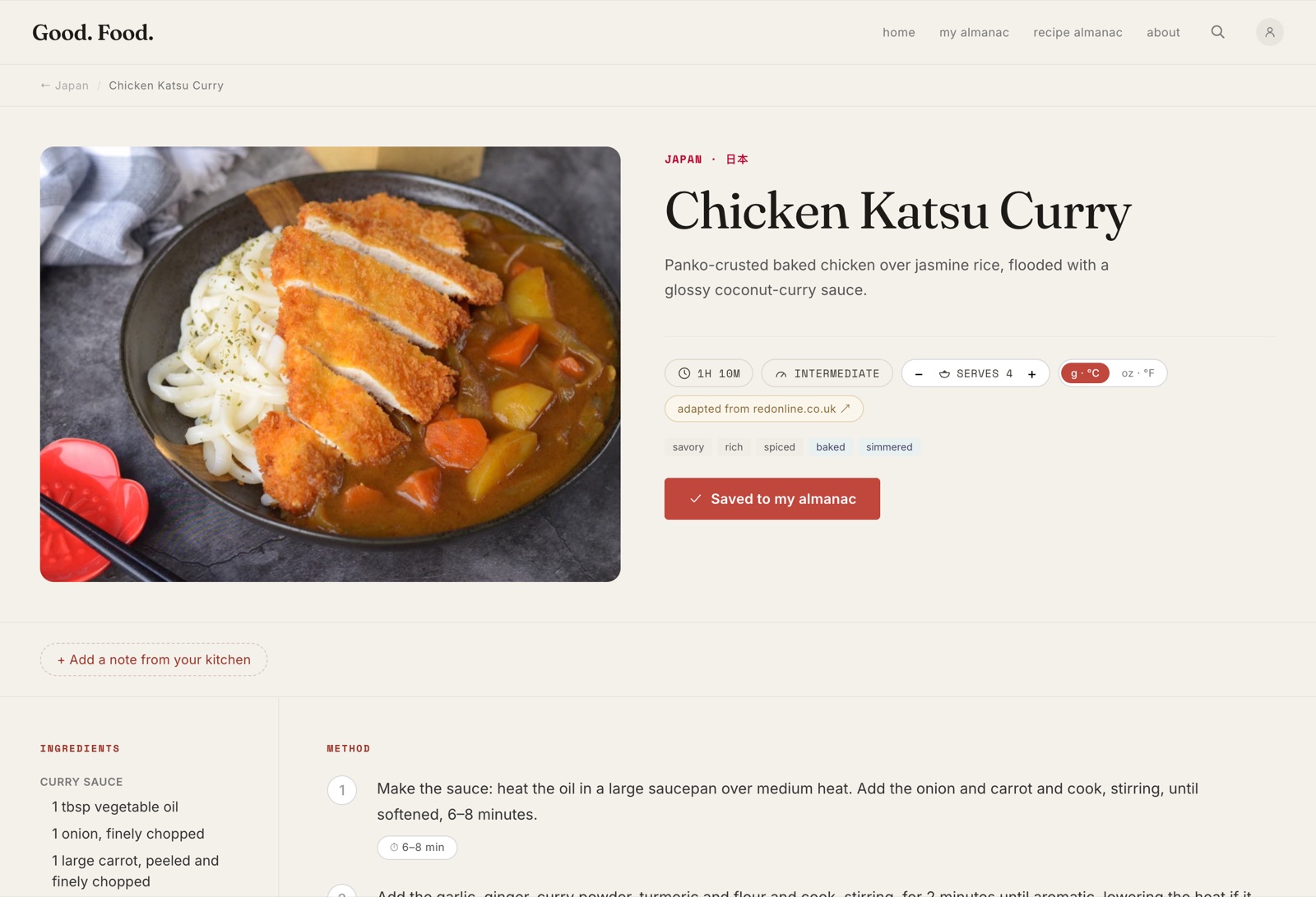 A Good Food recipe page — Chicken Katsu Curry with a photo, cook-mode controls, ingredients and a step-by-step method.