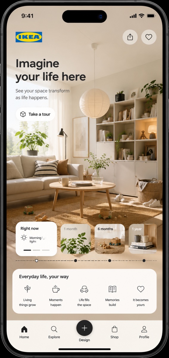 Future You concept: an app screen where a living room gradually fills with signs of everyday life.
